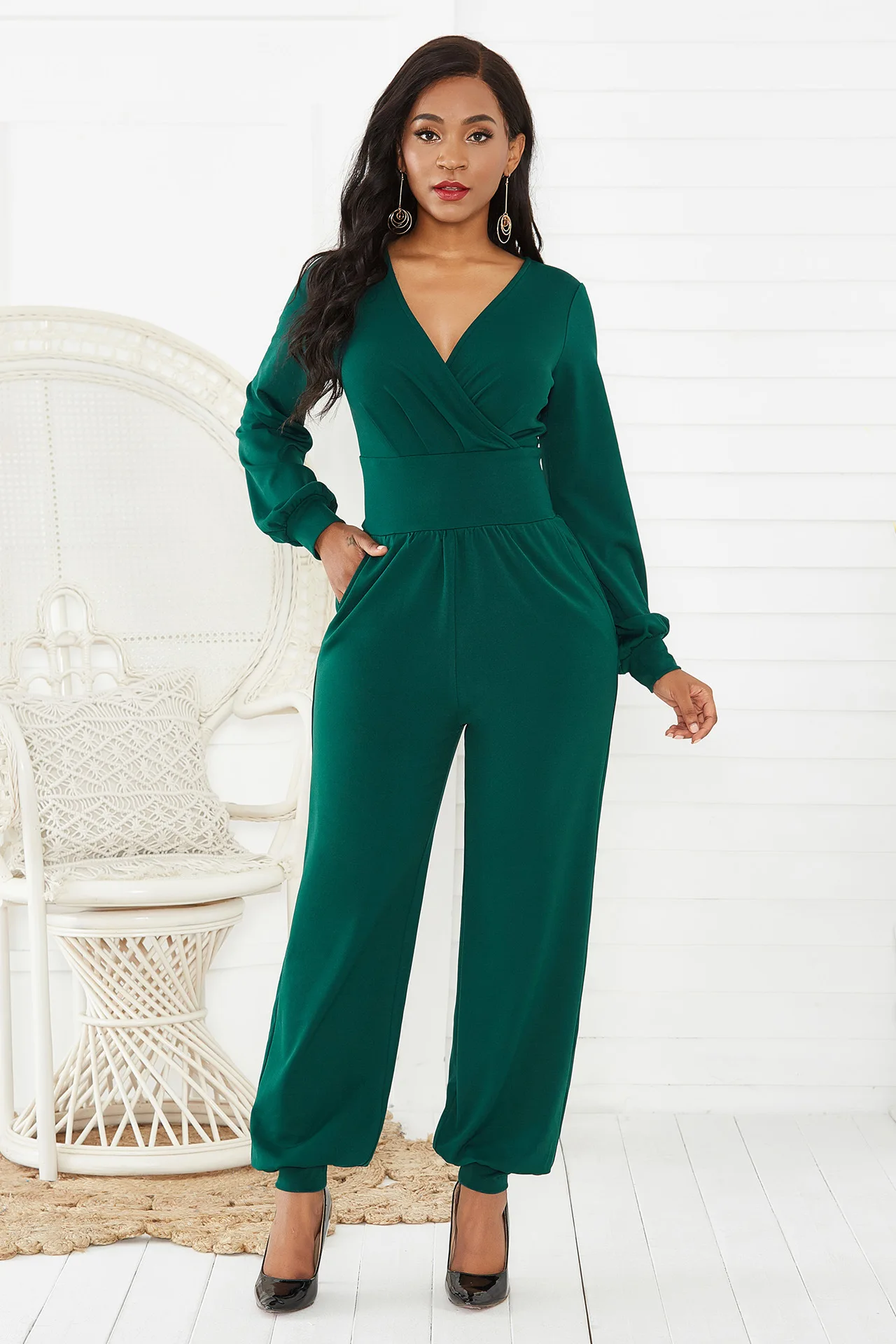 DEARIRIS Women Casual Sexy V Neck Sparkly Jumpsuits Lantern Long Sleeve Onesie Loose Rompers Work Everyday Wear