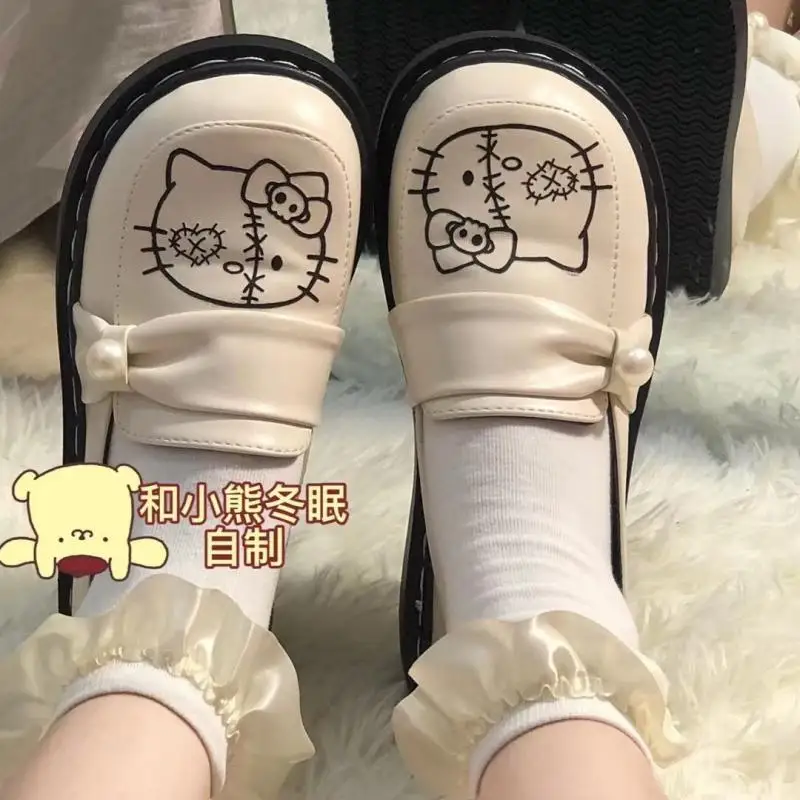 

Kawaii Sanriod Anime Peripheral Kitty Cute Japanese All-Match Small Leather Shoes Round Neck Flat Shoes Gift for Girlfriend