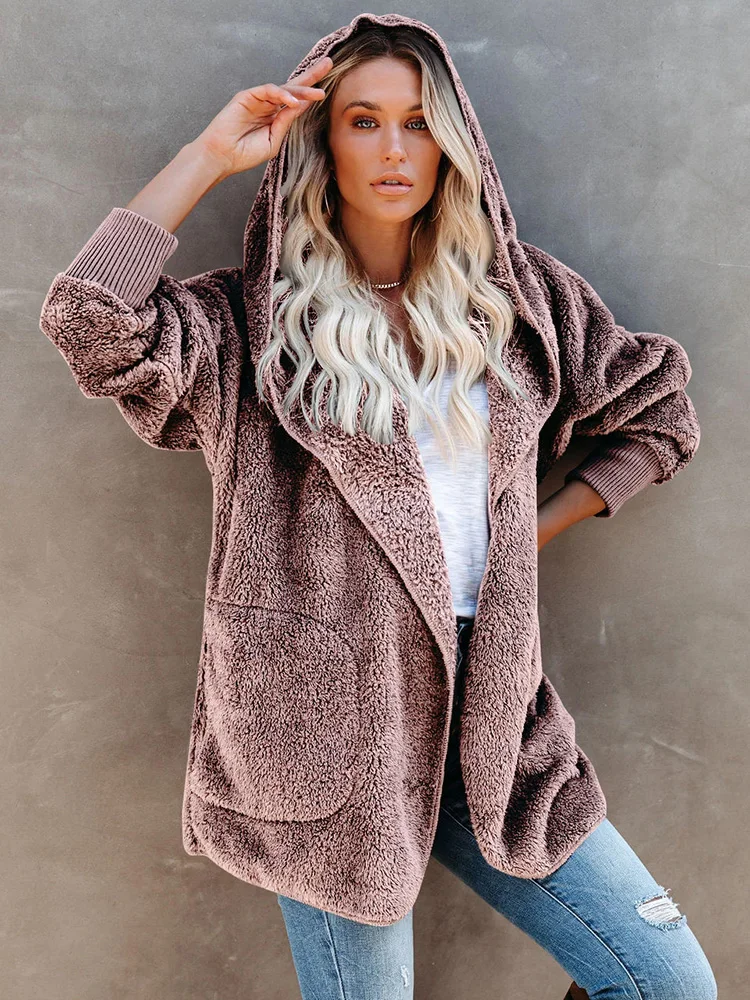 WYWMY Faux Fur Teddy Bear Coat Jacket Women Fashion Open Stitch Winter Hooded Coat Female Long Sleeve Fuzzy Jacket Outwear Coats