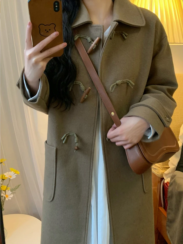 

Vintage Loose And Thickened Woolen Coat Cow Horn Button Long Coat 2022 Winter New Korean Fashion Women'S Clothing