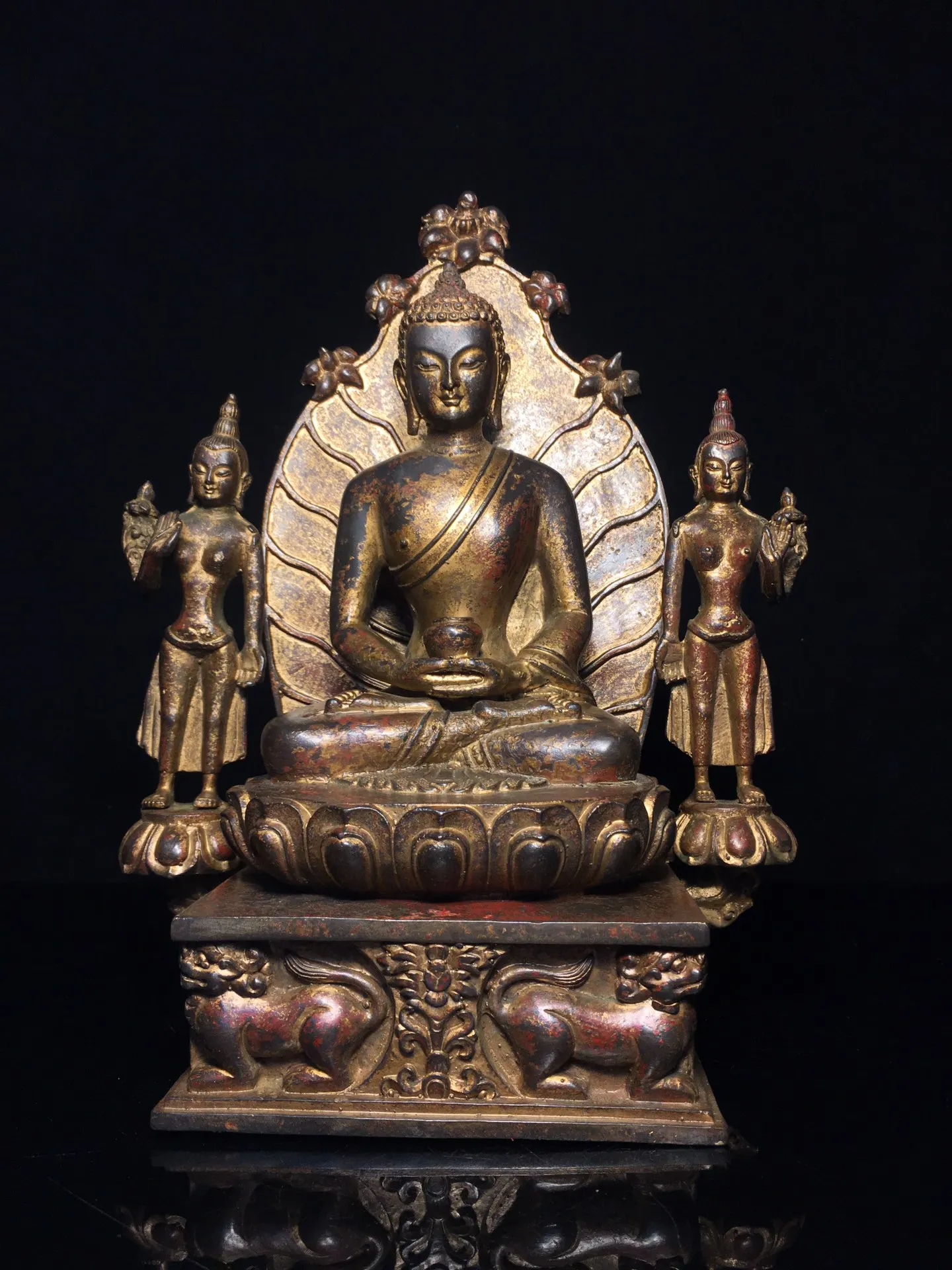 

12"Tibet Temple Collection Old Bronze Cinnabar Mud gold Northern Wei Buddha Shakyamuni Amitabha Buddha Platform Worship Hall