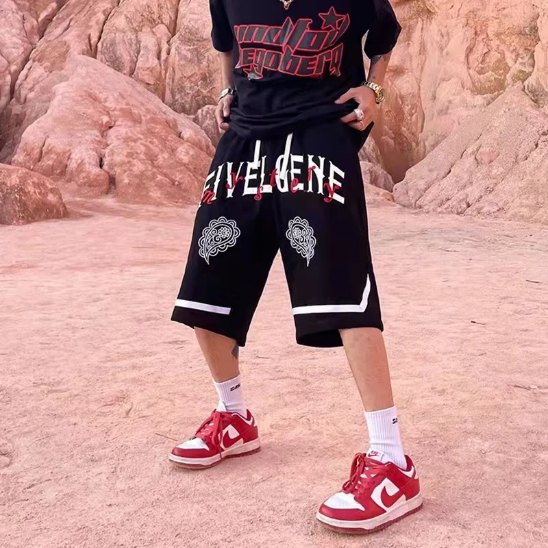 

Front Letter and Cashew Print Elastic Waist Hip Hop Summer Shorts Mens Pockets Spliced Retro Oversized Loose Five Point Pants