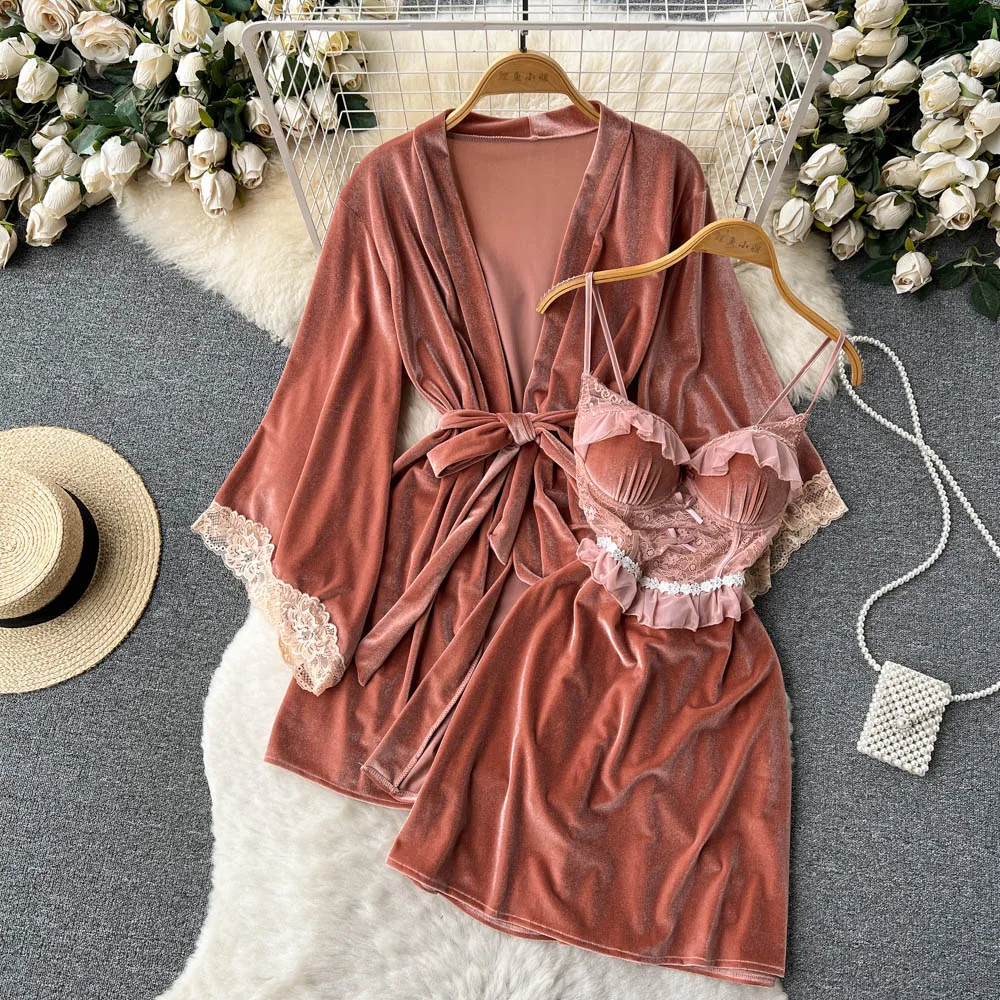Velvet pajamas suit female spring and autumn style sexy wipe chest suspender skirt long shawl cardigan two-piece set