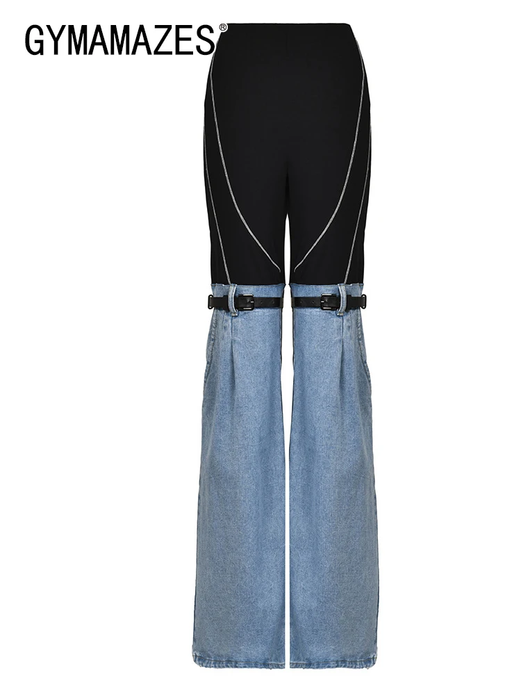 

GYMAMAZES Hit Color Spliced Denim Wide Leg Pants For Women High Waist Patchwork Belt Autumn Jeans Female Fashion Clothing New