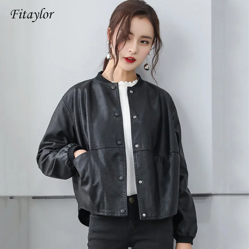 

2022 Women Faux Soft Leather Motorcycle Jacket Short Pu Leather Baseball Uniform Coat Single Breasted Black Overcoat