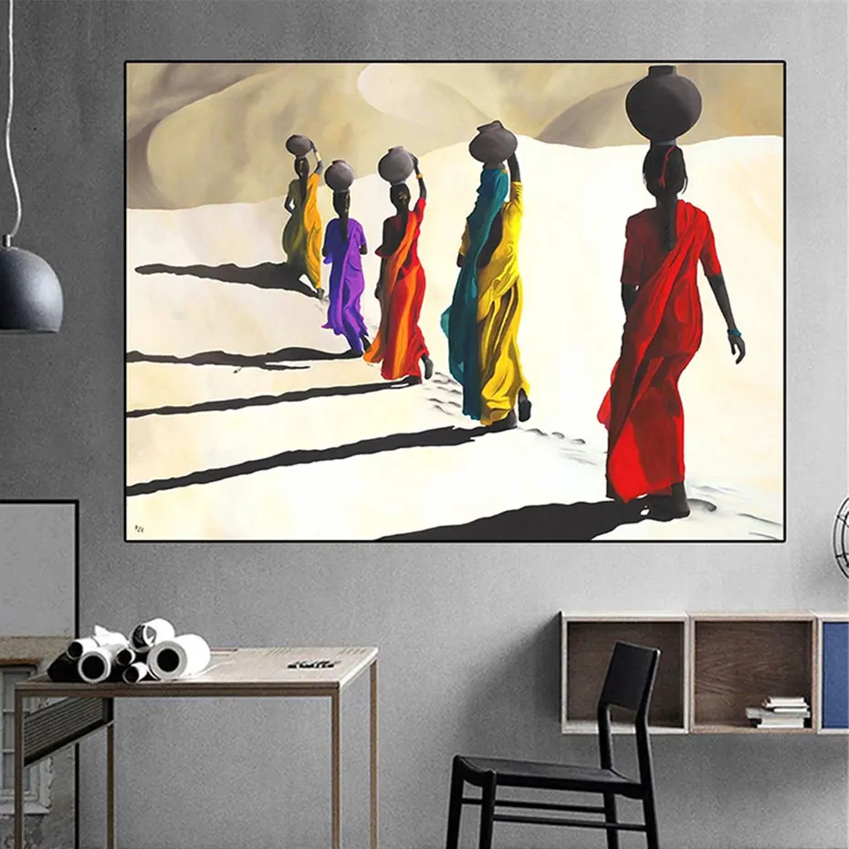 

African Woman Walking In Desert Posters Prints Abstract Black Person Canvas Oil Painting Living Room Home Decor Wall Art Picture