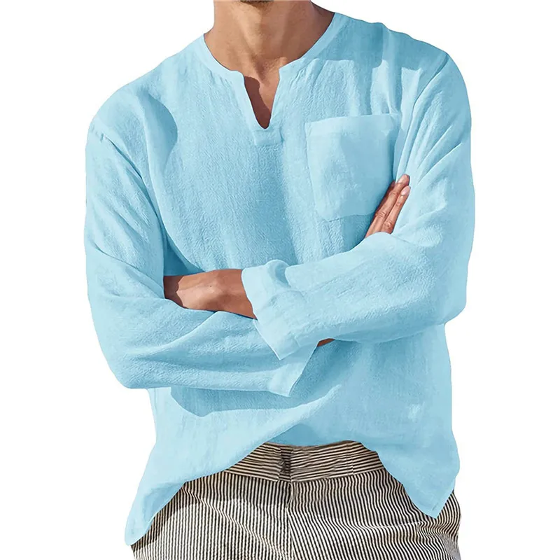 

Рубашка Мужская льняная с длинным рукавом, короткая дышащая удобная однотонная Свободная Повседневная Удобная, гавайская блузка в стиле Харадзюку, 2023