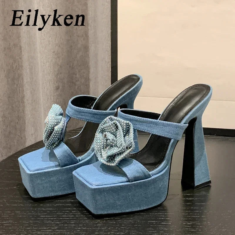 

Eilyken/джинсовые женские тапочки на очень высоком каблуке; Модные дизайнерские сандалии-гладиаторы с открытым носком и кристаллами; Сланцы Летняя обувь
