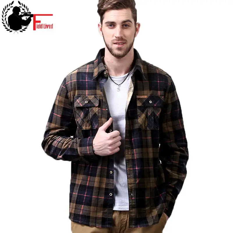 Military Style Men Shirt Fashion Army Long Sleeve Corduroy Male Shirt British Plaid Flannel Cotton High Quality Clothing Top Men
