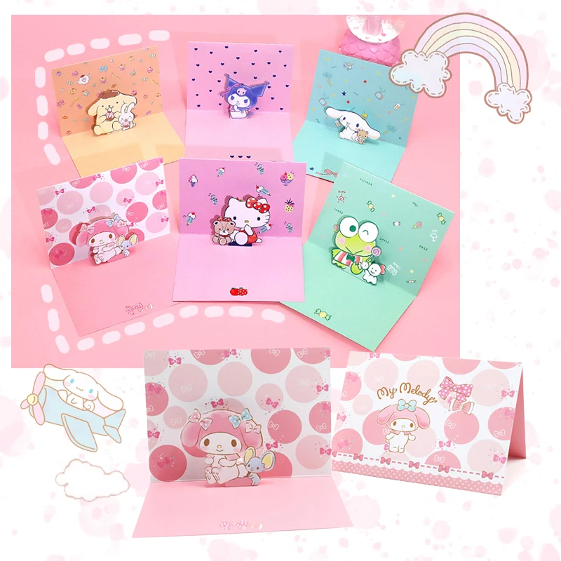 

PINK Kawaii Cartoon Pop-up Greeting Card My Melody Cinnamoroll Kuromi Purin Dog Anime Birthday Card Holiday Cards Creative Gift