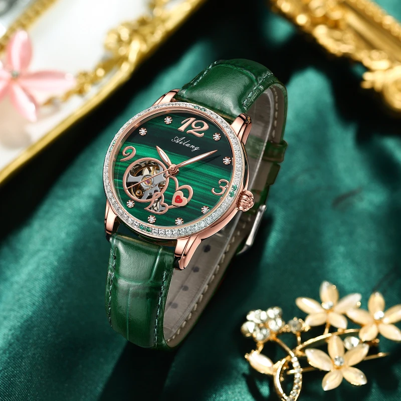 Ailang new trend small green watch fashion diamond-studded tide hollow automatic mechanical watch genuine female watch