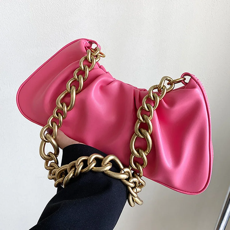 

Luxury Women Crude Chain Armpit Bag 2022 New Pink Pleated Cloud Bag Female Crossbody Bag Soft PU Leather Evening Clutches Bolsa