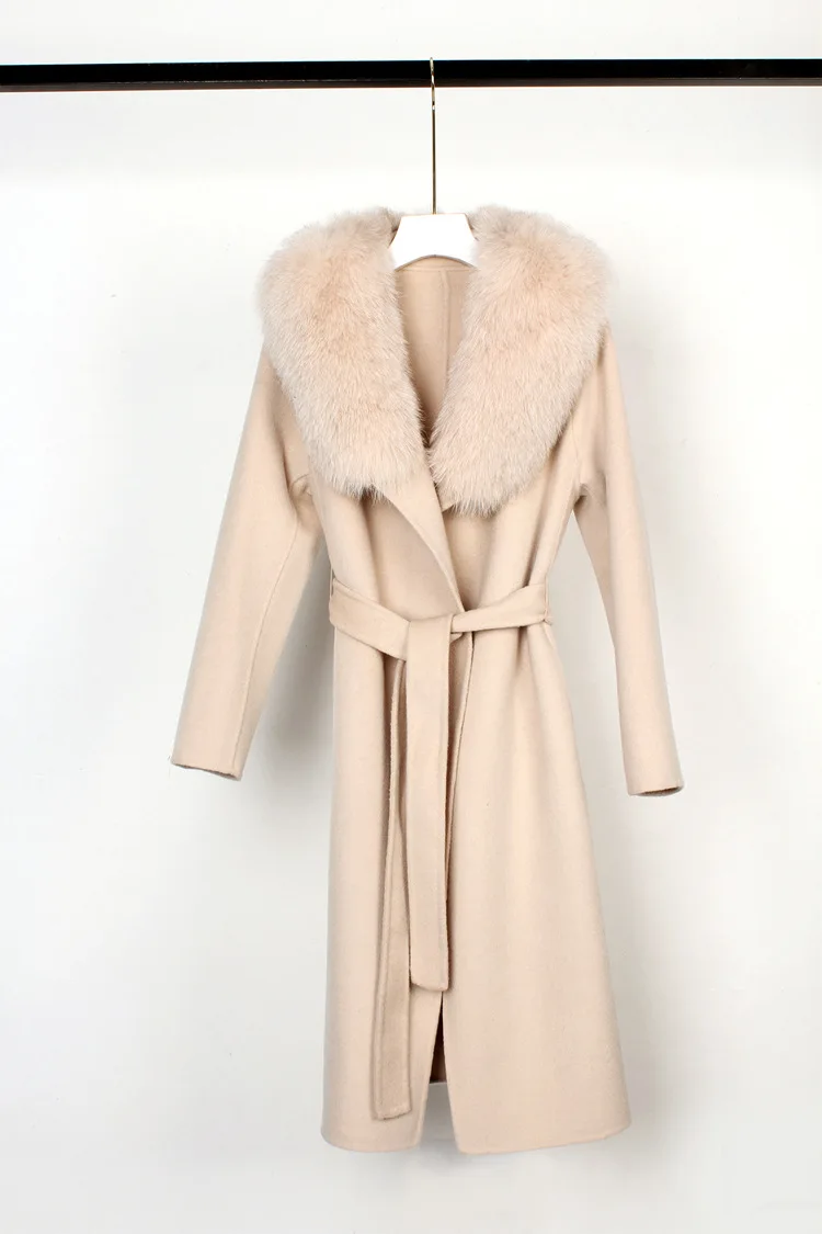 100% Double Woolen Jacket Women Winter Coat Detachable Real Fox Fur Collar Long Warm Outerwear Ladies Fashion Streetwear Belt enlarge