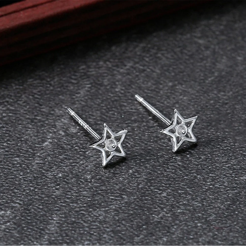 

2 Pairs Earring Settings for 2-2.5mm Round Beads White Gold Plated 925 Sterling Silver Star Shape Earring Bases E214B