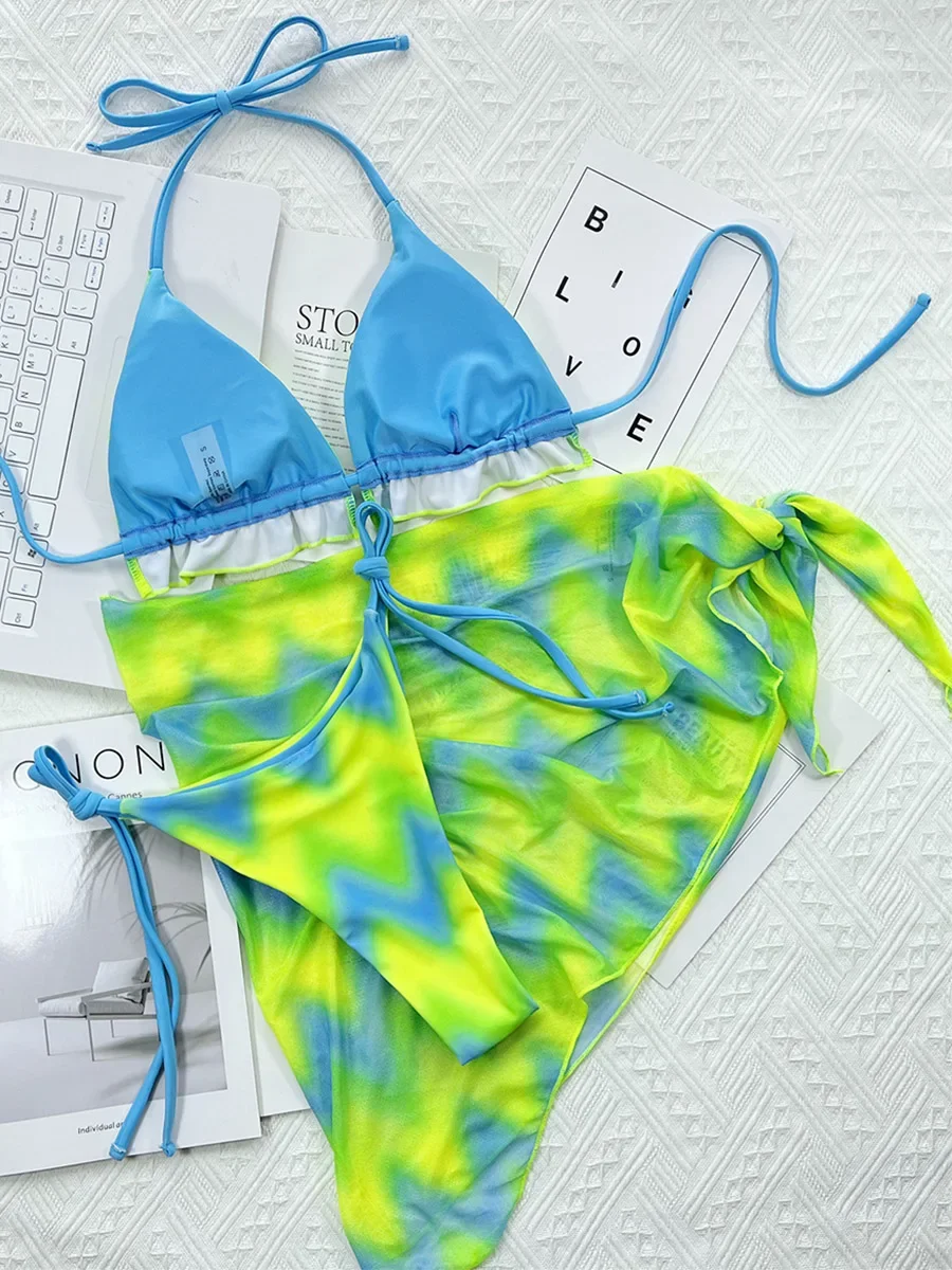 Tie Dye Холтер с рюшами бикини женский микро купальник из 3 предметов комплект
