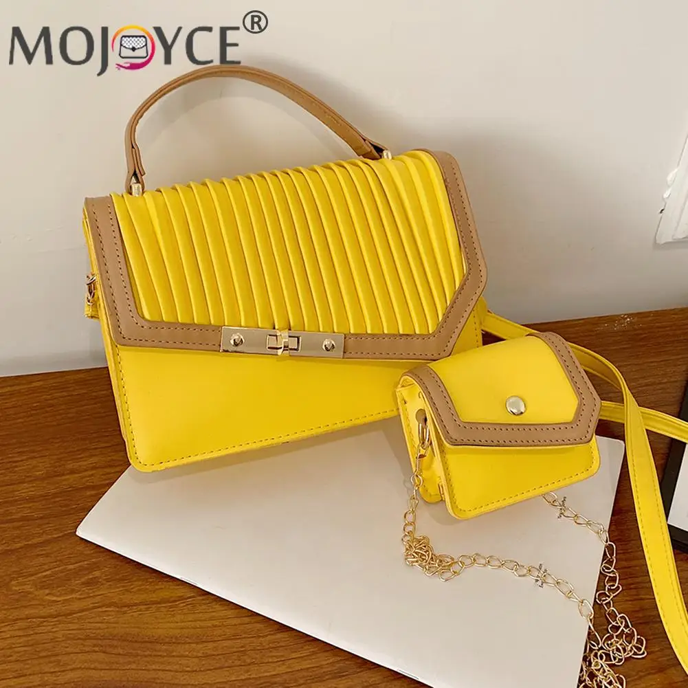 

2pcs Casual Women Pleated Flap Shoulder Crossbody Bag with Mini Purse Fashion PU Leather Hit Color Metal Lock Composite Handbags