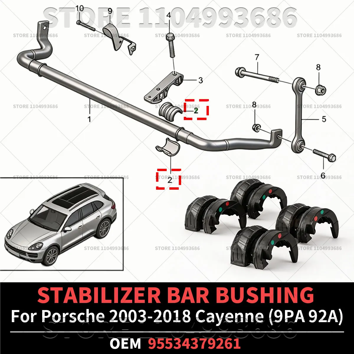 Фото Для Porsche Cayenne 2003-2018 (9PA 92A) Втулка стабилизатора OEM 95534379261 95534379260 7L0411313K 7L8411313B №1
