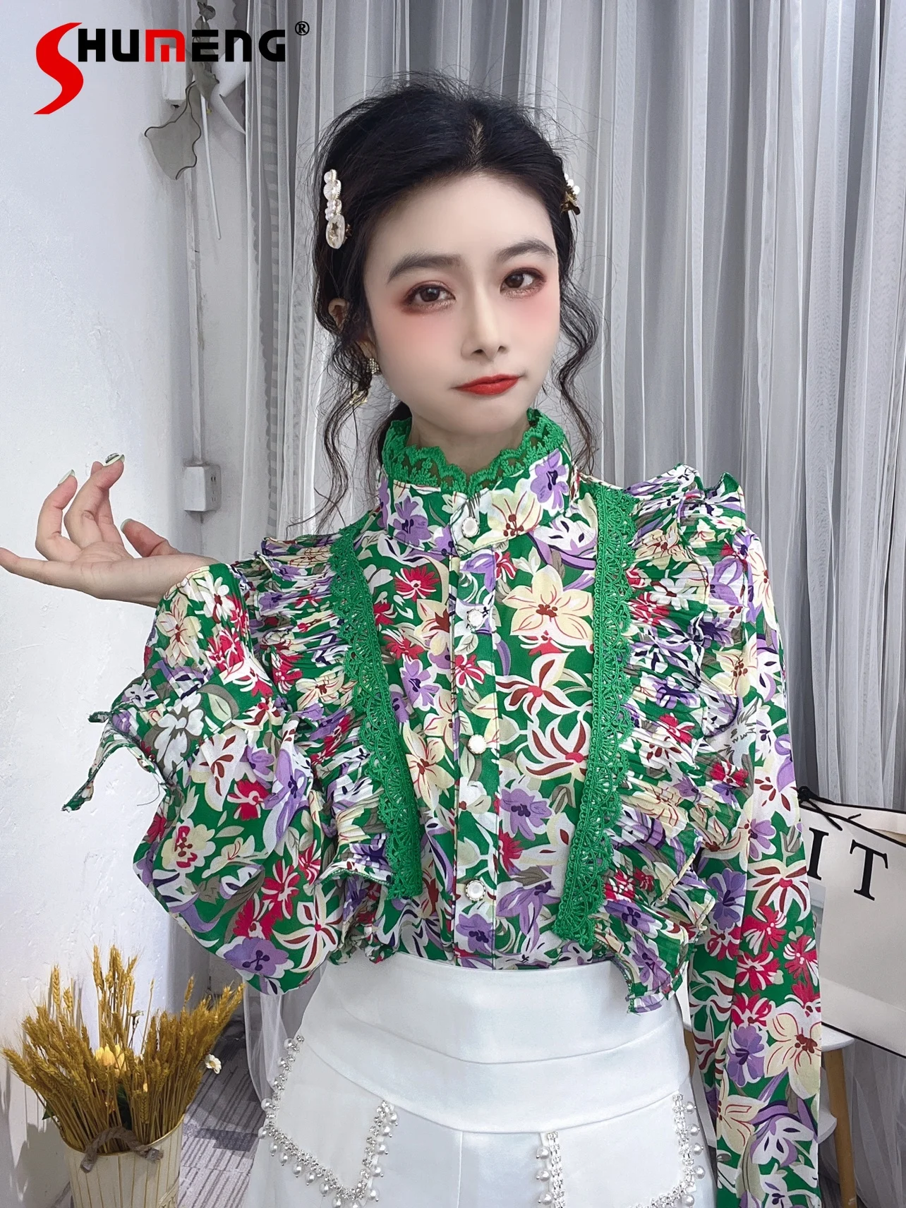 

Korean Ruffled Stand-up Collar Long-Sleeved Floral Chiffon Blouse Women's Sweet Printed Buttons Shirt Top 2022 Fall New Clothes