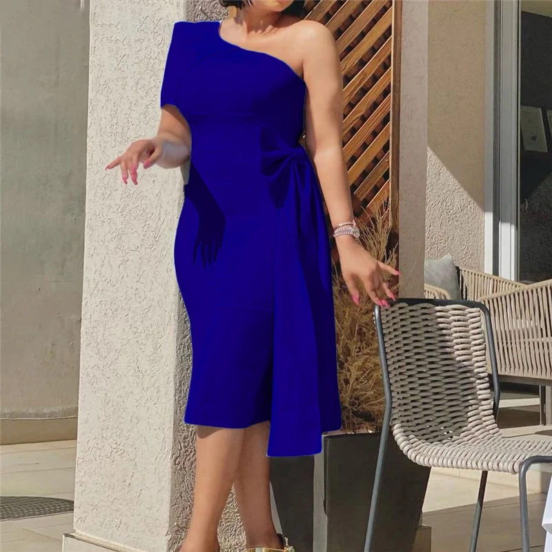 

Sexy One Shoulder Diagonal Collar Bow Short Sleeve Slim Bodycon Dress Party Dresses Women Evening Elegant Pencil Dress Plus Size