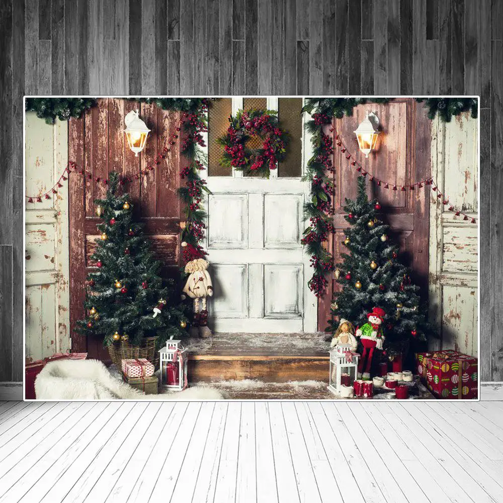 

Christmas Tree Lanterns Garland Wooden Door Scene Photography Backgrounds Custom Baby Party Decoration Photo Booth Backdrops