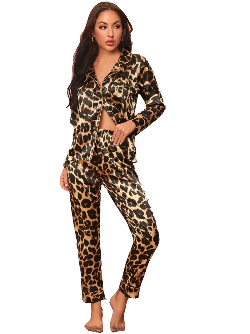 

Woman Pajama Summer Pajamas Cardigan Long Sleeve Lapel Silk Sleepwear Leopard Print Pijama Two Piec Set Loungewear Nightwear
