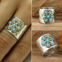 hot sale unisex silver color wide face flower shaped round blue opal finger ring for women men party jewelry size 5 11