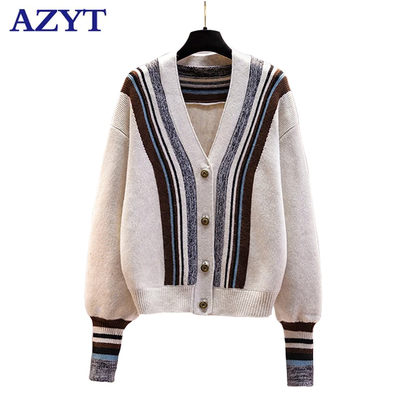 

AZYT Vintage Panelled Sweater Female Cardigan Casual Single-Breasted Knitwear Pull Femme Spring Autumn V Neck Knit Cardigan 2022