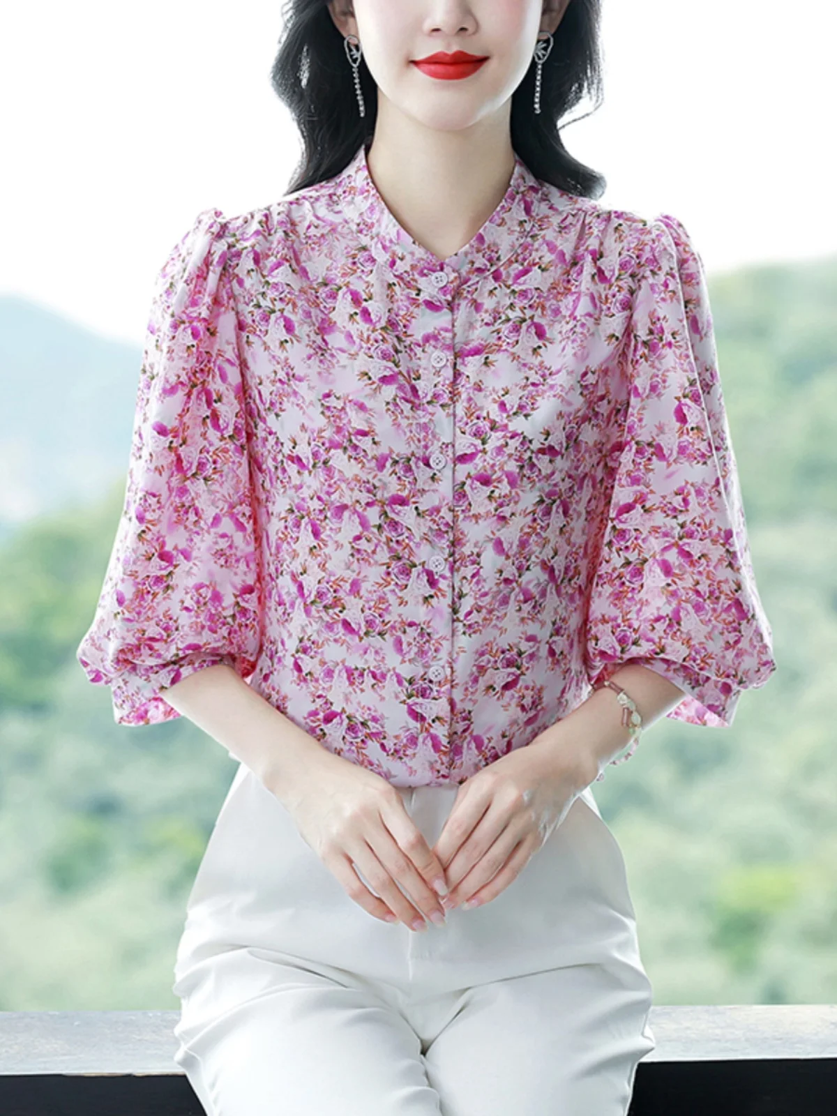 Женская рубашка с рукавом 3/4 и воротником-стойкой