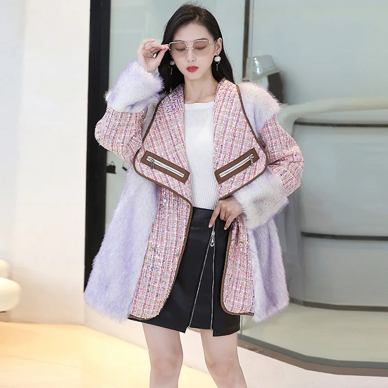 2022 New Senior Sense Autumn Winter Imitation Fur Coats Women Long Young Small Incense Wind Hair Stitching Fashion Coat Female