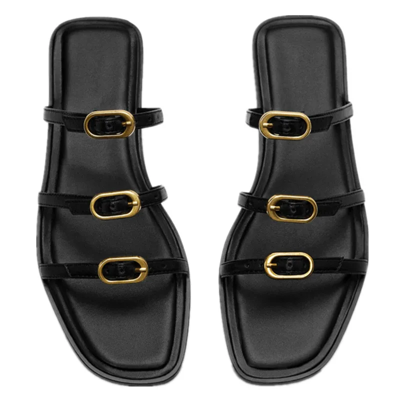 

Flat Sandals Shoes Women Indie Folk Retro Buckle Slippers Women 2023 Summer Genuine Leather Casual Fashion Pure Leather Corium