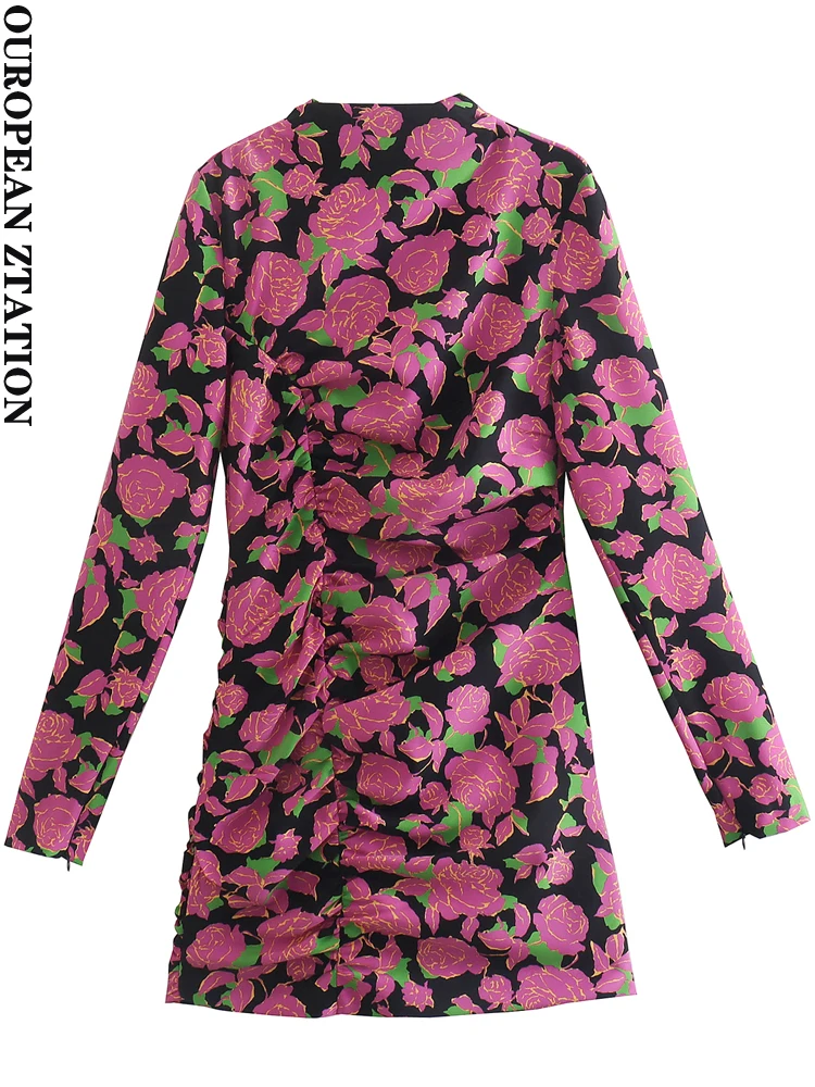 

PAILETE Women 2022 fashion french floral print draped mini dress vintage long sleeve back zipper female dresses vestidos mujer