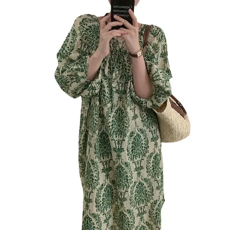 Женское платье с круглым вырезом Длинное свободное рукавами-фонариками и