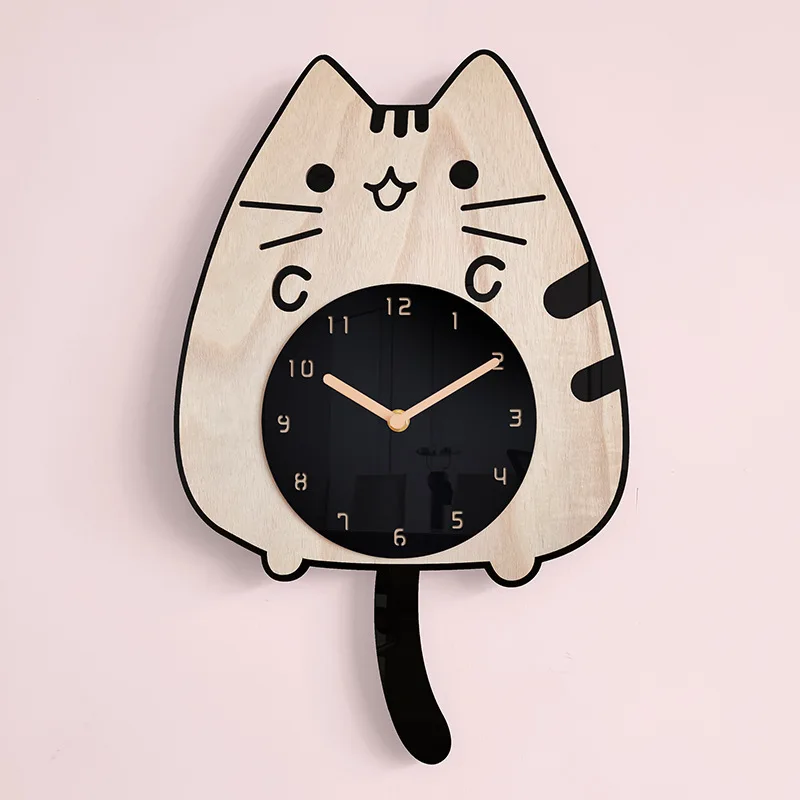 Reloj de madera de dibujos animados para habitación de niños, reloj de pared silencioso creativo con cola de gato para decoración de sala de estar y oficina