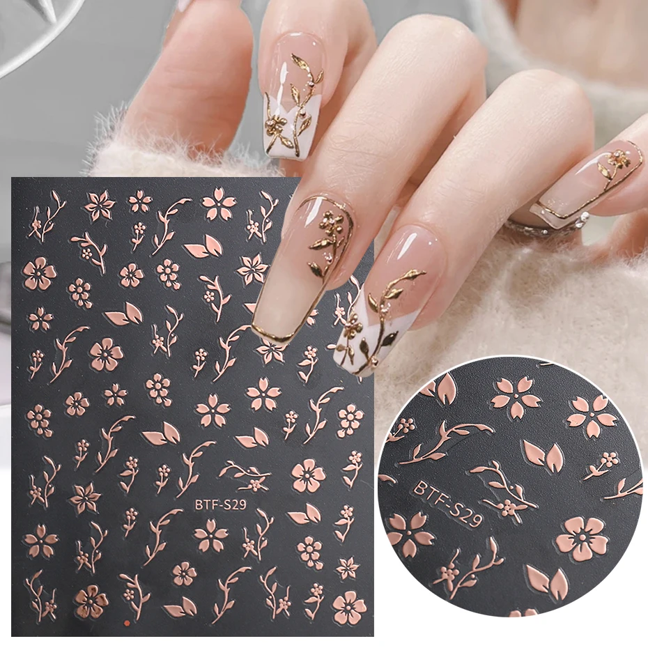 Sakura Flowers Nails Stickers Rose Gold White Cherry Blossom Foliage Gorgeous Florals Manicure 3D Nail Charming Ornament BTF-S29