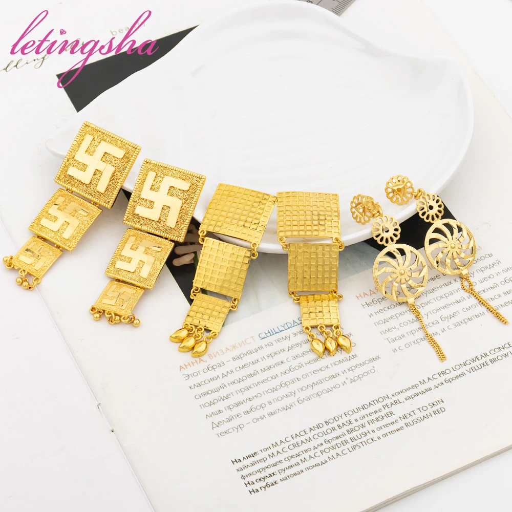 

Fashion Hoop Earring Women Golden Jewelry Nigeria Set Drop Dubai Classic Africa Wedding Gift Banquet Earrings Trendy New Style