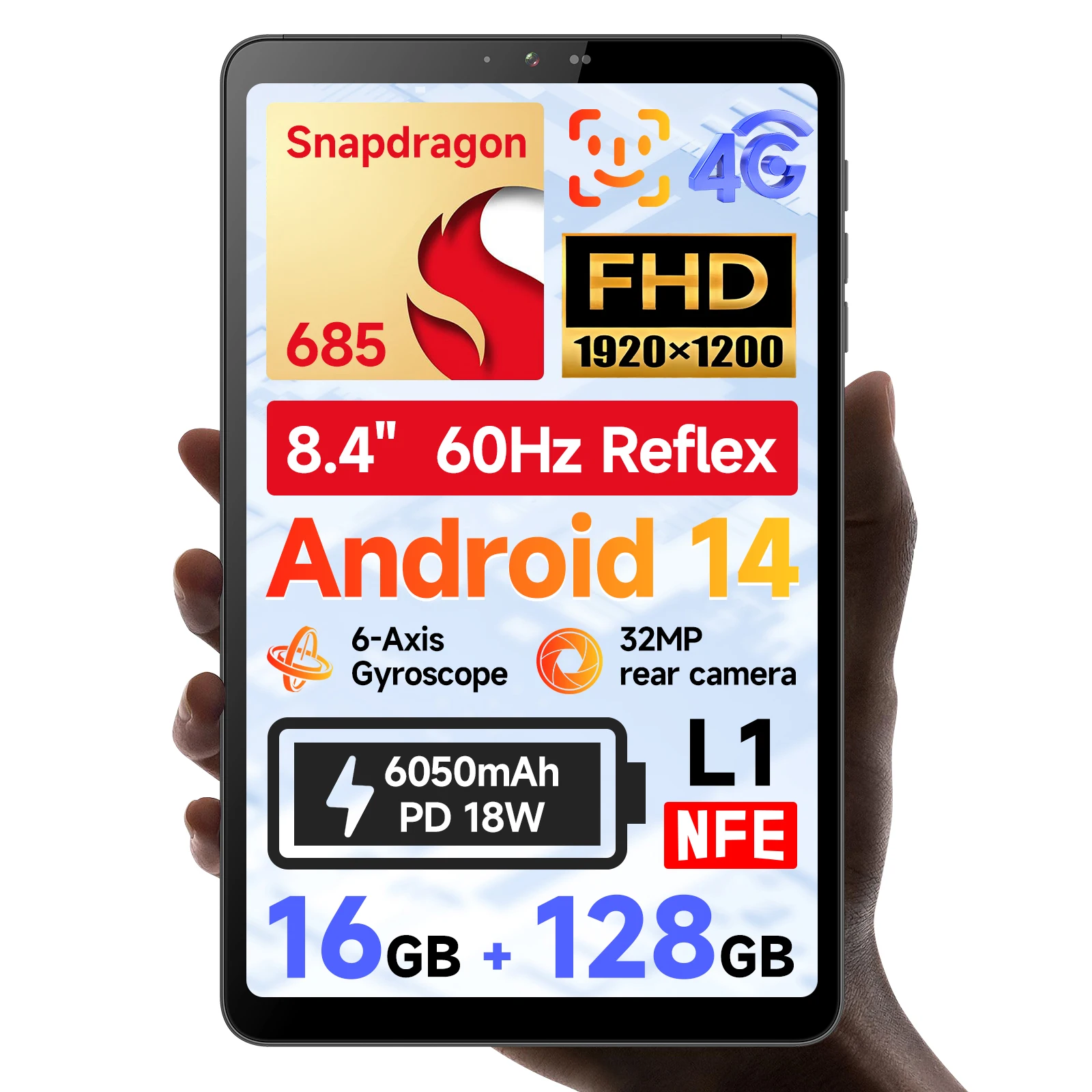 Фото BNCF BPad Mini 8,4-дюймовый чехол Snapdragon685 для планшета Android14, 8 ГБ ОЗУ + 128 ГБ ПЗУ, 6050 мАч, аккумулятор 4G LTE Widevine L1 2K IPS Tab №1