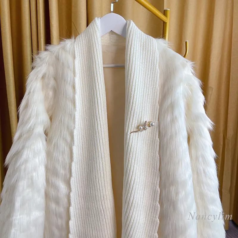 2022 Autumn and Winter Woven Imitation Fox Fur Coat Women Knitted Stitching Keep-Warm Luxury Long Fur Coats Street Overcoats