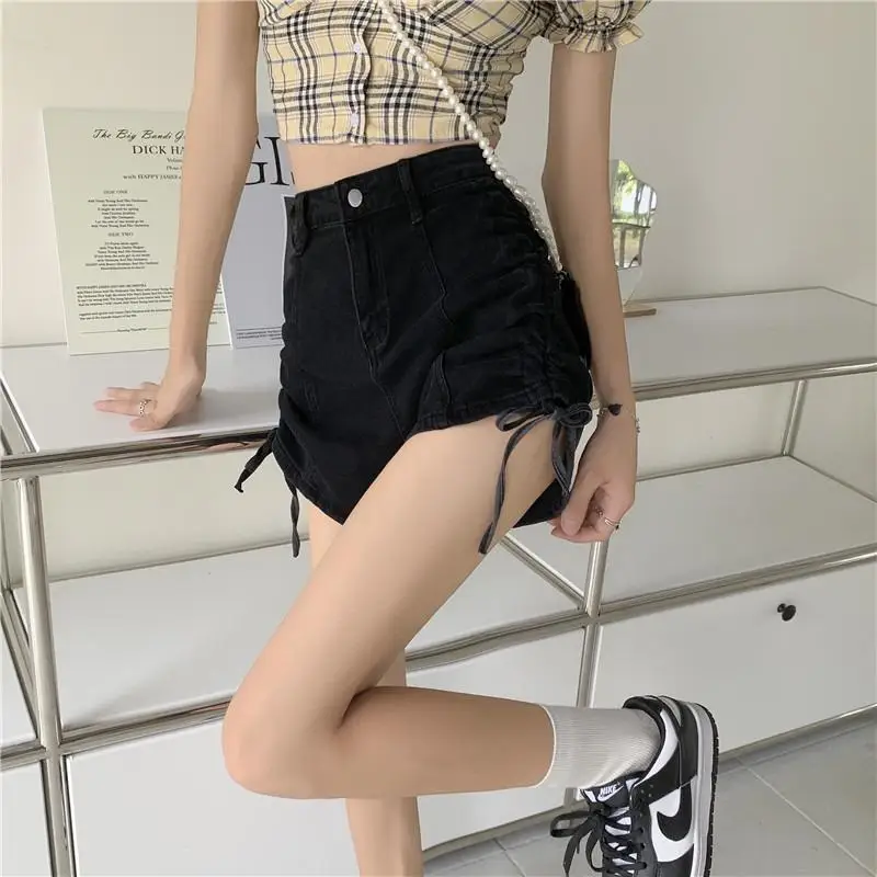 Women Denim Vintage Summer Basic Simple All-match High Waisted Drawstring Denim Shorts Leisure Ulzzang Ladies Streetwear Chic