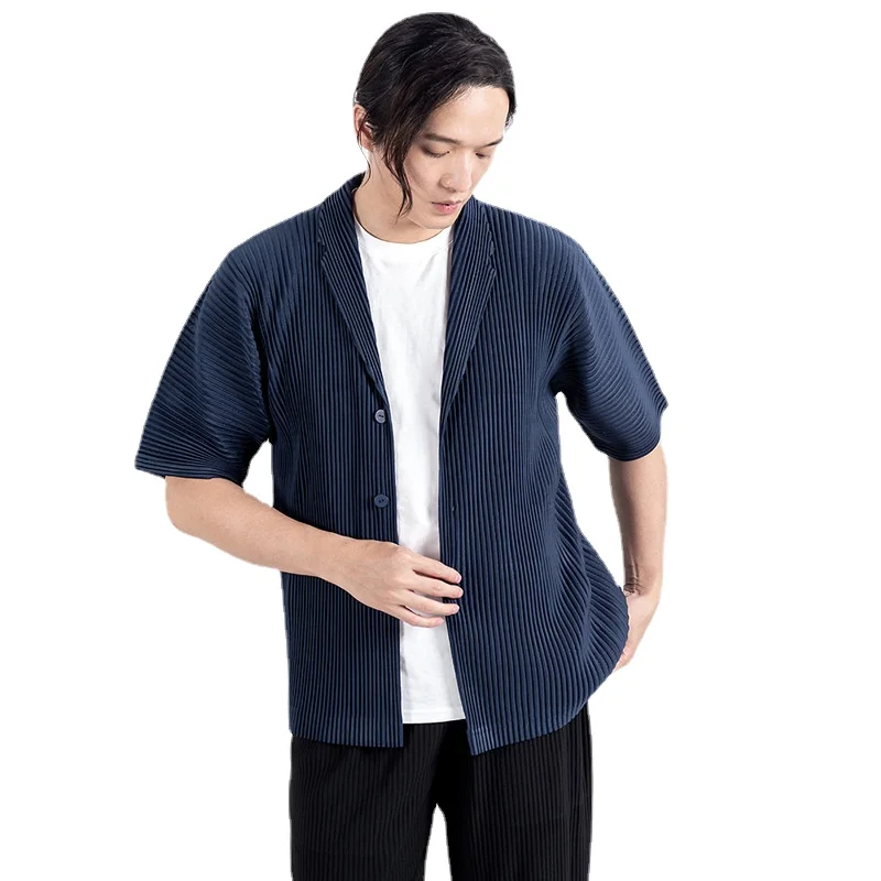 

Miyake Pleated Short Sleeves Shirt Men Spring and Summer New Japanese Pleated Loose Casual Suit Collar Cardigan Top Tide Shirts