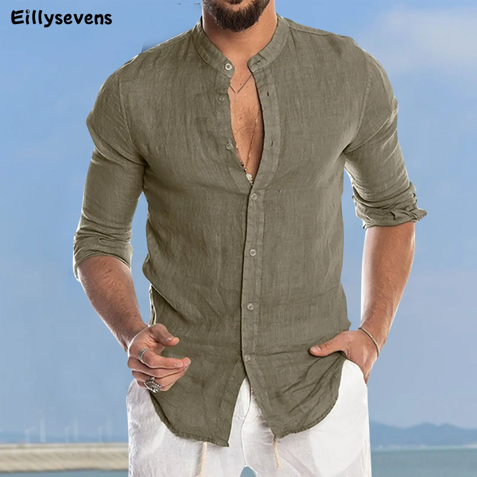 Летние мужские рубашки повседневная блузка с воротником-стойкой