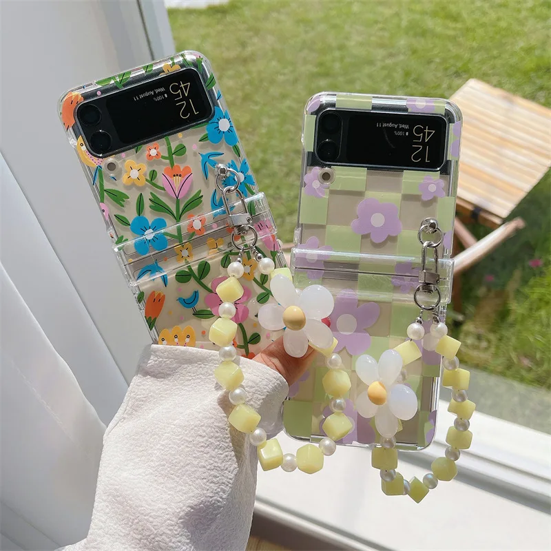 

Luxury Grid Flowers Chains Phone Case for Samsung Galaxy Z Flip 3 Z Flip 4 Hard PC Back Cover for ZFlip3 ZFlip4 Case Shell