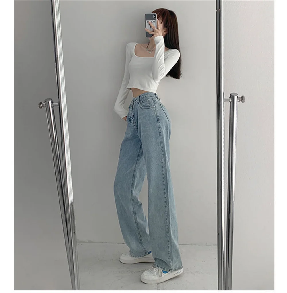2022 Retro Style High-Waist Design Cross-Waist Jeans Women's Summer New Slim Straight Drapey Mopping Trousers