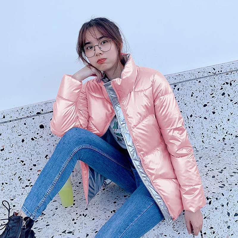 Women Solid Autumn Thick Warm Jackets Female Casual Outerwear New Fashion Winter Parkas Girls Shiny Glossy Stand Collar Coats
