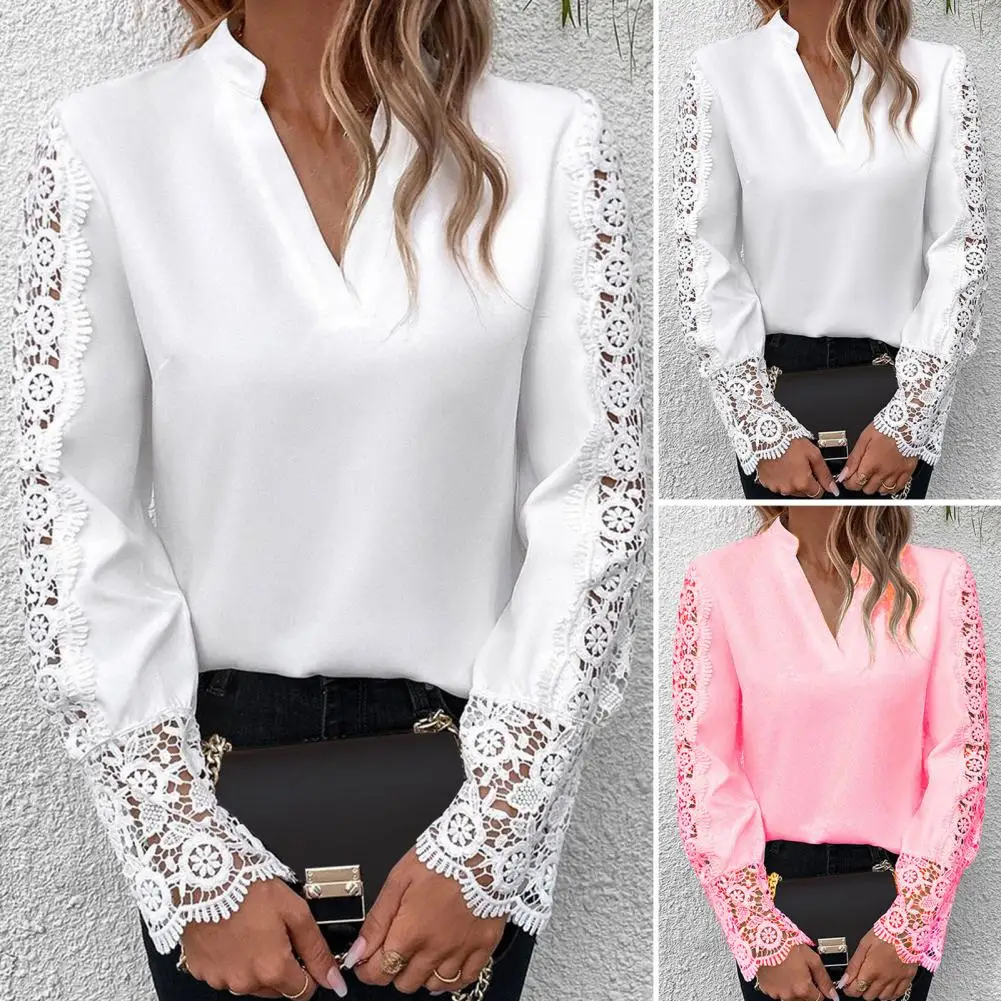 

Elegant Fashion Hollow Out Lace Shirts Women's Clothing 2022 Autumn Winter New Office Ladie V-Neck Lantern Sleeve White Blouses