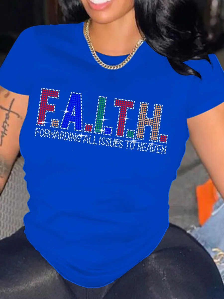LW Plus Size Rhinestone Faith Letter T-shirt Graphic T Shirt Women Y2k Oversize O-neck Tshirt Streetwear Short Sleeve T-shirt