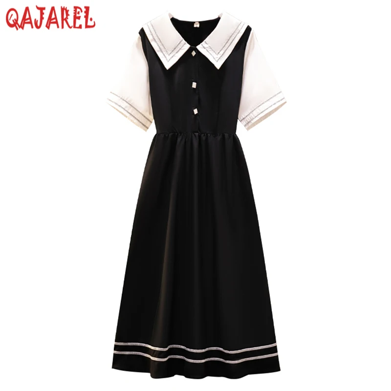 

Women Black Patchwork White Short Sleeve Doll Collar Midi Dress Summer Elegant Bodycon Dress 2023 Korean Vintage Hepburn Dresses