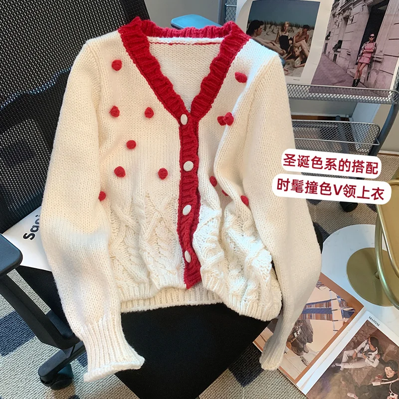 

Короткие красные кардиганы, Женский вязаный свитер, верхняя одежда с цветочным рисунком, однобортный женский жакет с V-образным вырезом, топы, кардиган, женские свитера