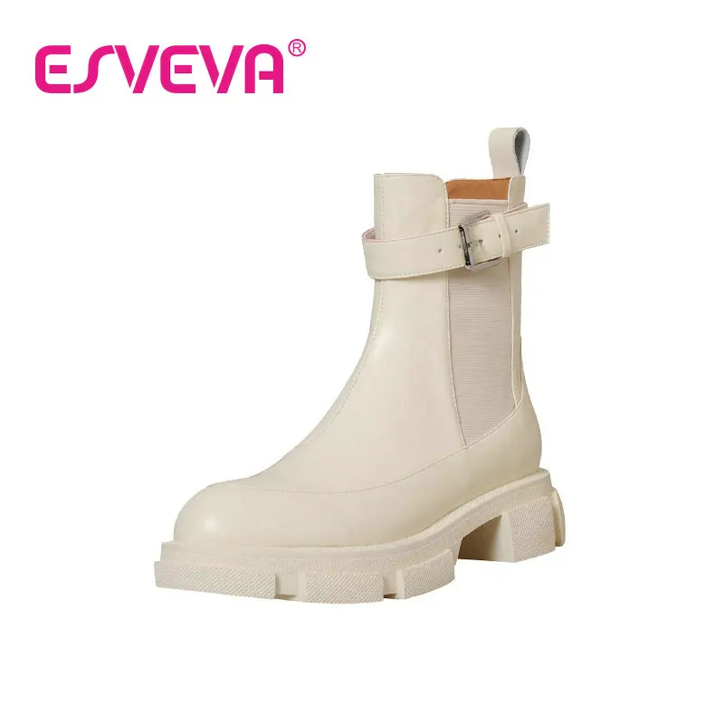 

ESVEVA 2023 Women Boots Cow Leather Ankle Boots Round Toe British All Match Med Heel Metal Decoration Punk Shoes Size 34-39