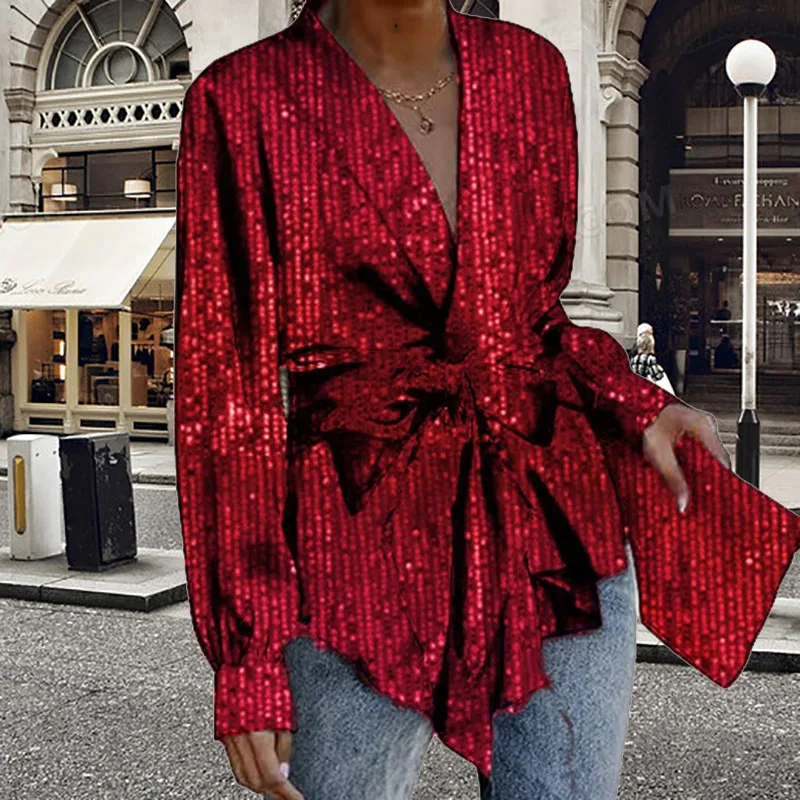 

Женский блейзер с отложным воротником, однотонный Свободный Повседневный жакет с бантом, блестящий модный пиджак с рукавами-фонариками, осень 2023