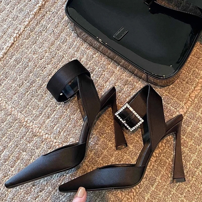 Rhinestone Square Button High Heels 2023 Spring New Chunky Heel Sandals Strap Single Shoes Fashion High Heels Women